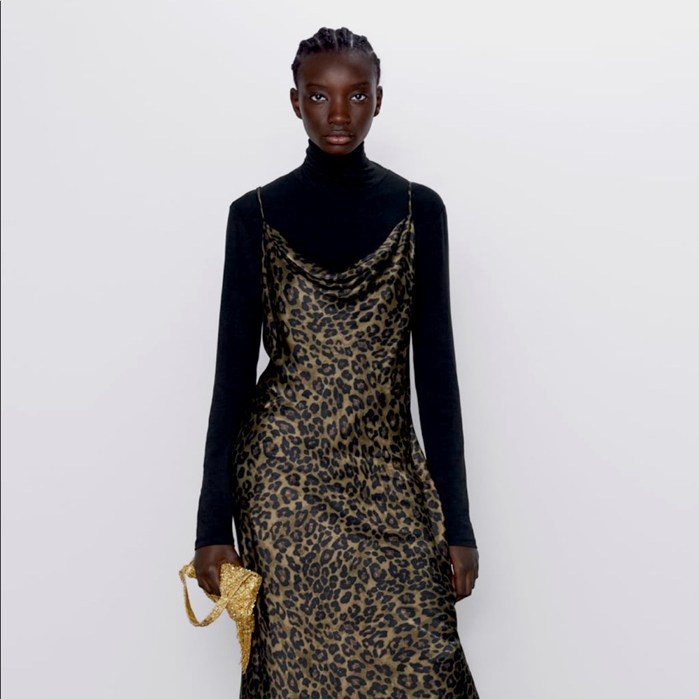 Zara Satin Leopard Print Slip Dress